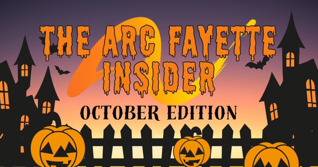October Edition Fayette Insider 1 - The Arc Fayette Halloween-themed cover banner for The Arc Fayette Insider October Edition with pumpkins, bats, and a spooky town silhouette at sunset.